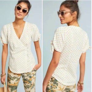 Anthropologie Maeve Yellow Polka Dot Louise Wrap Tie Sleeve Linen Blouse Size 16
